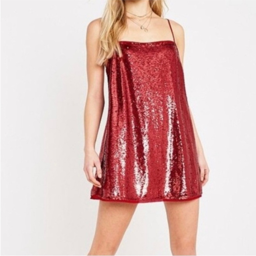 Free People Time to Shine Canyon Red Sequin Mini Slip Dress